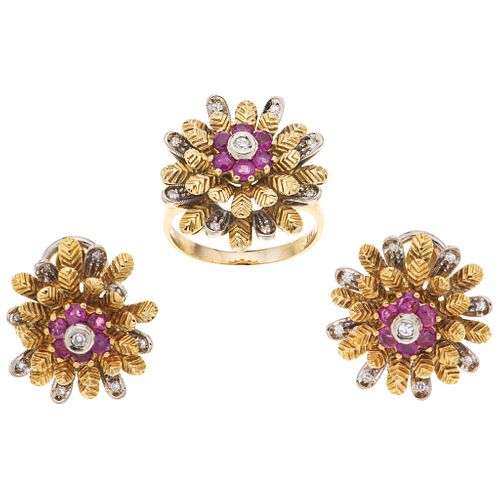 RING AND EARRINGS SET WITH DIAMONDS AND RUBIES. 18K YELLOW AND WHITE GOLD