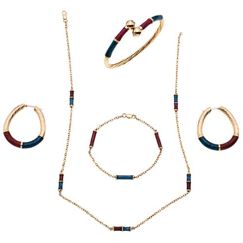 CHOKER, WRISTBAND, BRACELET AND HOOP ROUND EARRINGS SET WITH ENAMEL. 14K YELLOW GOLD