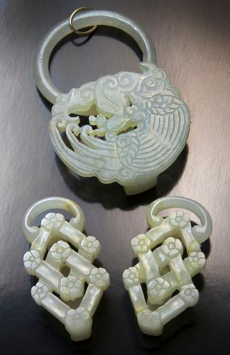 (3) Chinese Qing carved white jade belt slides,