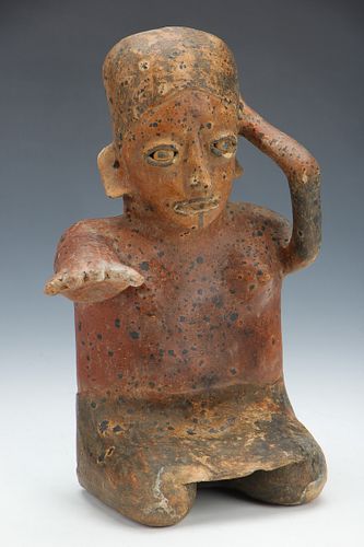 Pre-Columbian Jalisco Pottery Seated Figure, Ht. 11"