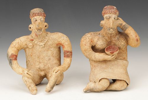 Two Pre-Columbian Jalisco Pottery Seated Figures, Ht. 6"