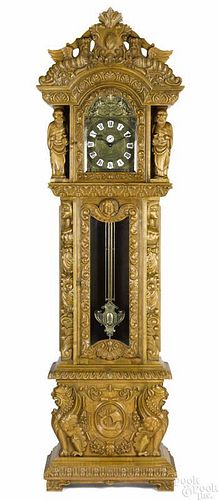 Contemporary carved fruitwood tall case clock, 111'' h.