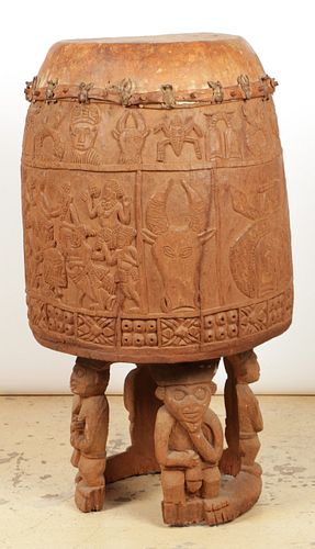 Monumental Bamum or Bamileke Carved Drum, Ht. 58"