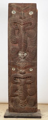 Monumental Maori Relief Carved House Panel, Ht. 96.5"