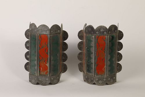 Pair of Painted Glass Tin Sconces, ca. 1900