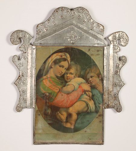 Tin Frame with Colorful Devotional Print, ca. 1885