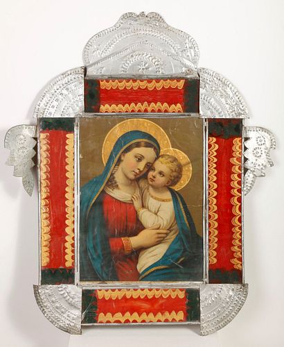 Large Tin Frame with Devotional Print, ca. 1885