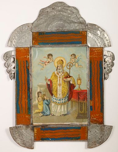 Large Tin Frame with Devotional Print, ca. 1870