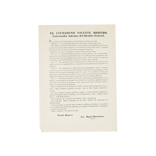 Gómez Farías, Valentín. Bando sobre Autorización de Un Millón de Pesos para los Gastos de la Guerra. México, January 5, 1847.