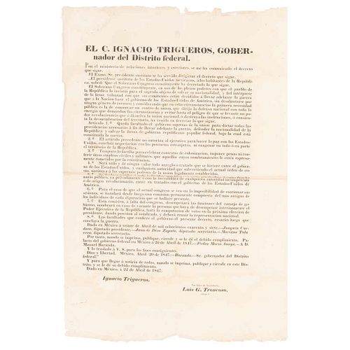 Ley del 20 Abril para Llevar la Guerra con Estados Unidos. México: April 22, 1847.  1 h. 17.7 x 12.5" (45 x 32 cm). Decree.