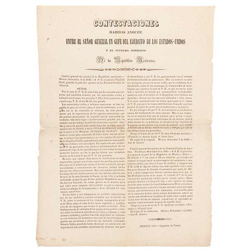 Scott, Winfield - López de Santa Anna, Antonio. Contestaciones Habidas Anoche entre el Señor General... Méx, 1847. 1 h.