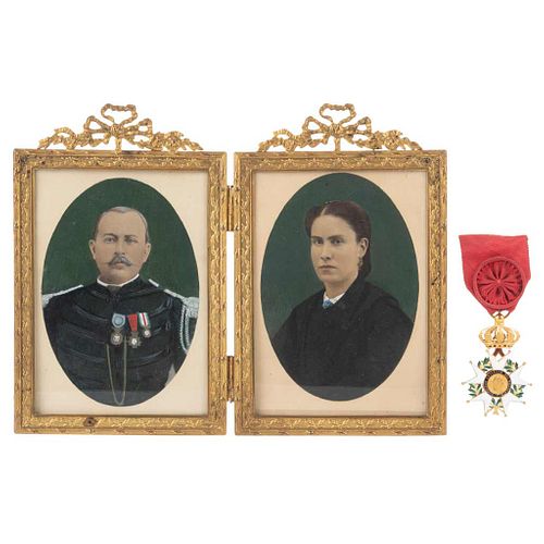 Medal of the Legion of Homor. Gold-colored silver & enamel/ Portraits of Officer and Woman. Retouched pohotographs, in frame. Pieces: 2