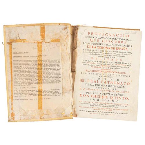Cirer y Zerda, Miguel. Propugnáculo Histórico - Canónico - Político - Legal, que Descubre los Fondos de la Más Preciosa... Madrid, 1736