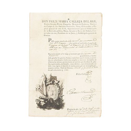 Calleja, Felix María. Nombramiento de Capitán de Patriotas para Joseph María Náxera. México, July 24th, 1813.