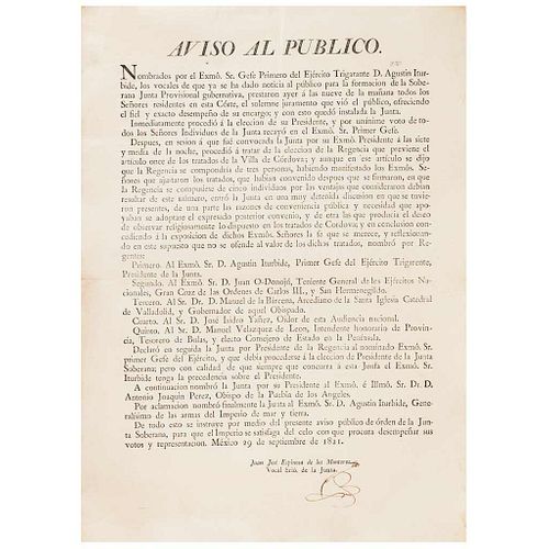 Espinosa de los Monteros, Juan J. Aviso de la Junta Soberana al Público. México, September 29th, 1821.