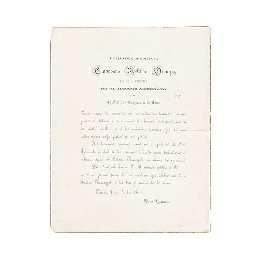 Guzmán, León. Esquela de Melchor Ocampo, del Congreso de la Unión. México, 5 de junio de 1861. 1 h. 10.4 x 7.8" (26.5 x 20 cm).