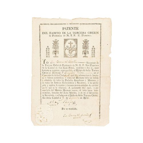 Bueno del Castillo, José.  Certificado de Hábito de D. Francisco Palau. San Luis Potosí, September 9th, 1830.