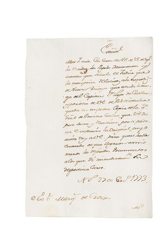 Bucareli y Ursúa, Antonio. Carta Dirigida al Marques de Croix. Madrid, January 27th, 1773.