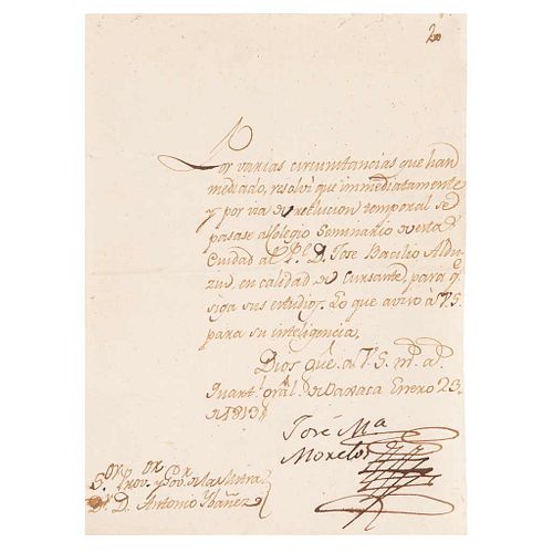 Morelos y Pavón, José María. Letter. Enero 23 de 1813. Signature and rubric by José María Morelos y Pavón. 2 pages, 8 x 5.9" (20.5 x 15 cm).