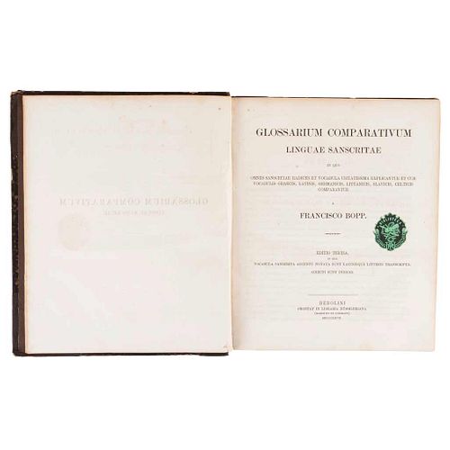 Bopp, Francisco. Glossarium Comparativum Linguae Sanscritae. Berlín, 1867. Ex Libris of Vicente Riva Palacio.