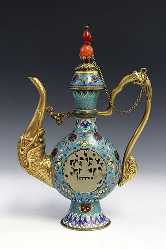 Chinese cloisonne tea pot with carved white jade