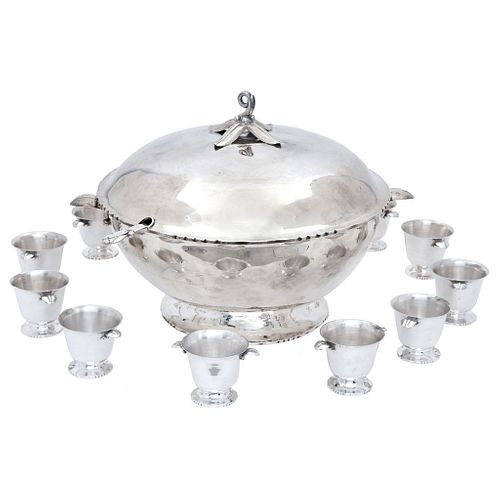Punch Bowl with Cups. Mexico. 20th Century. SANBORNS Silver. Lid, 12 cups, and ladle.