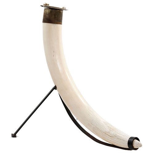 Elephant Tusk. Africa. First half of 20th Century. Ivory with base and silver metal support..