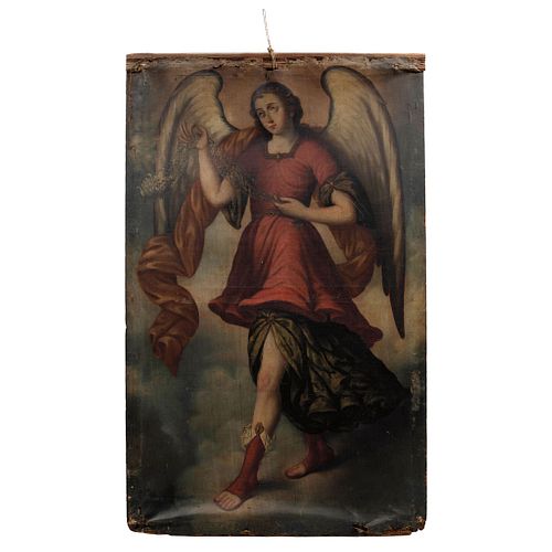 Pair of Archangels. Mexico. 18th Century. Oil on Canvas. With Inscription: "S. Gabriel".