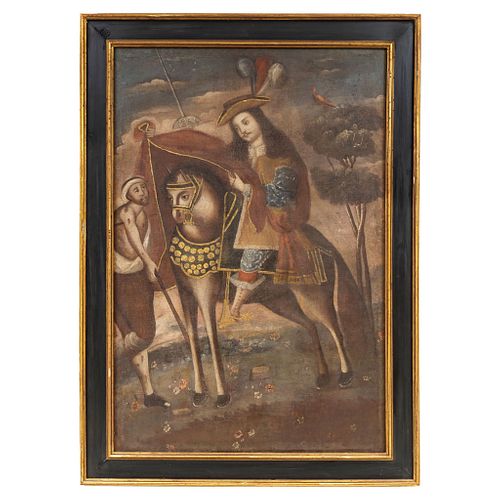 St. Martin of Tours. 18th Century. South American School. Oil on Canvas with Gold Applications.