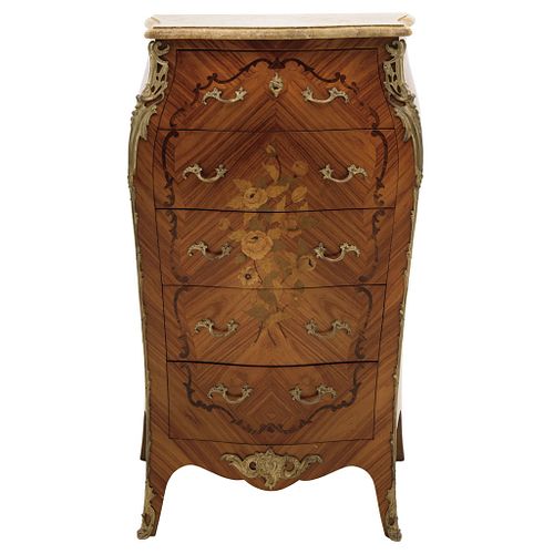 Chest of Drawers. Early 20th Century. BOMBÉ Style. Carved wood with bronze applications and marble top.