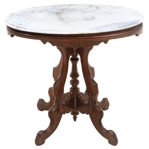 Auxiliary Table. France. 19th Century. Wood covered with white, oval marble and geometric decoration.
