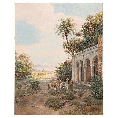 PAUL FISCHER (ALEMANIA, 1864 - 1932). CHARROS EN PORTALES. 19th Century. Watercolor on Paper.