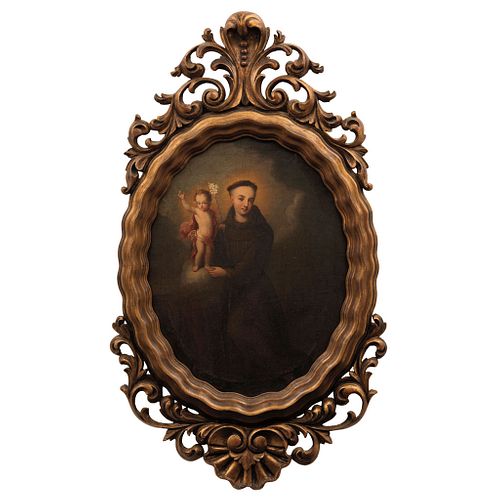 St. Anthony of Padua with Baby Jesus. Mexico. 18th Century. Oil on canvas. Carved and golden wooden frame.