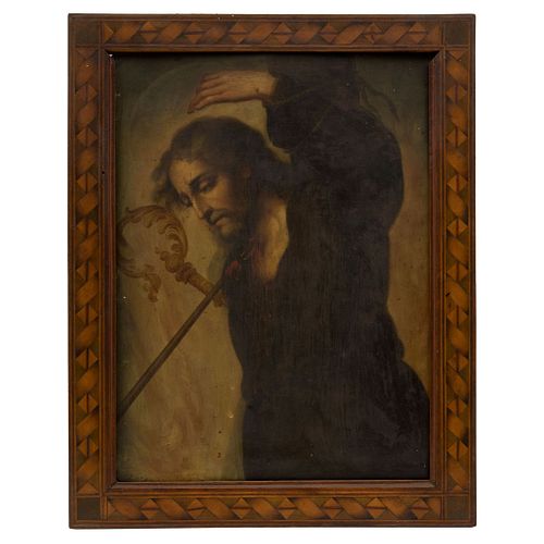 Martyrdom of St. Thomas (?). Mexico. 19th Century. Oil on copper sheet. Illegible signature.