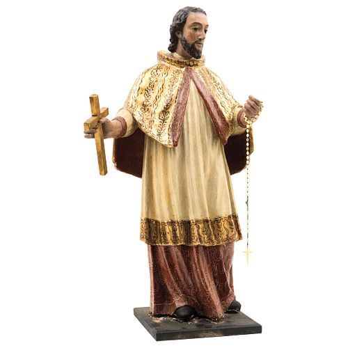 St. John Nepomucene. Mexico. 19th Century. Carved, golden wood on square base. With cross and rosary.