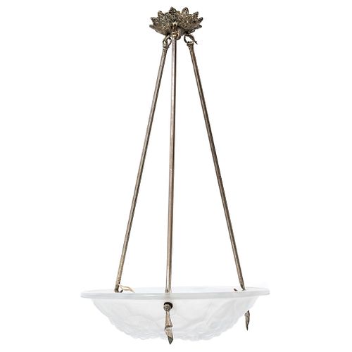 Ceiling Lamp. ART DÉCO Style. DEGUÉ. Pressed and frosted glass. With base, three arms, and metal details.