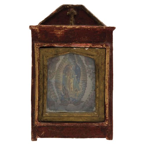 Niche. Mexico. 19th Century. Carved, polychromed wood with the image of the Virgin of Guadalupe on the inside made in oil on wood.