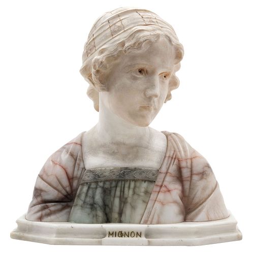 Bust of Woman. 19th Century. Alabaster carving. Signed "Mignon".