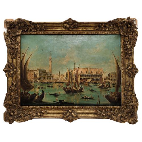 View of the Grand Canal and the Dodge's Canal in Venice. 19th Century. Oil on wood.