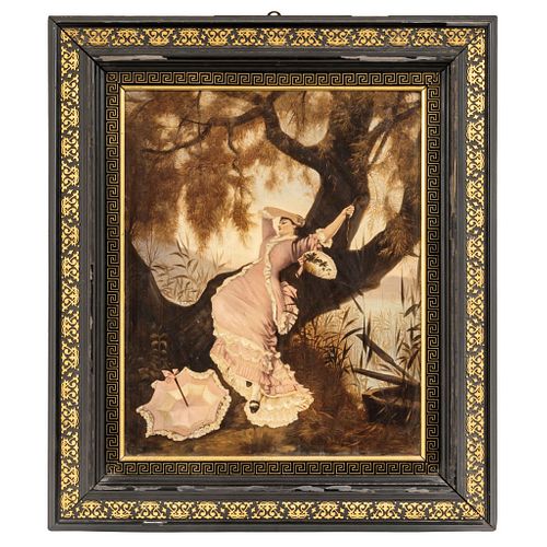 Scene of Woman with Tree. 19th Century. FRENCH School (?). Oil on board. Ebonized, golden wooden frame.