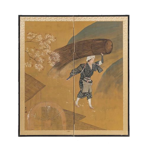 BIOMBO: CAMPESINA CON UN FARDO. JAPÓN, SIGLO XX. Mixta sobre papel con marco de madera. Reverso de tela. Firmado. 137 x 124.5 cm