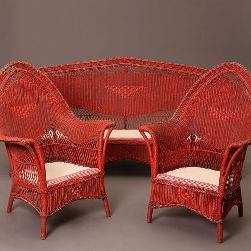 American, Red Wicker Sofa and Two Chairs, ca. 1930