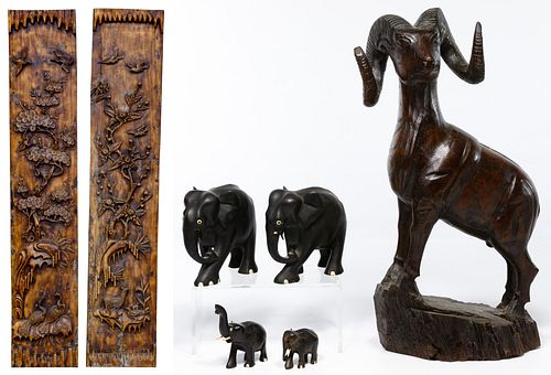 Asian Carved Wood Panel and Animal Assortment