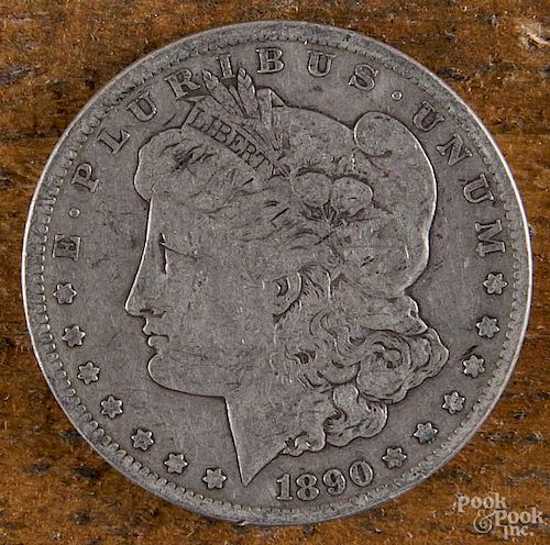 Morgan silver dollar, 1890 CC, VG.