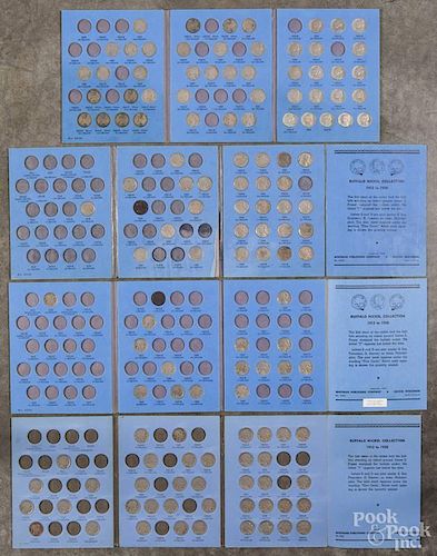 Three partial sets of Buffalo nickels, 1913-1938, in three collection books, eighty-four pieces