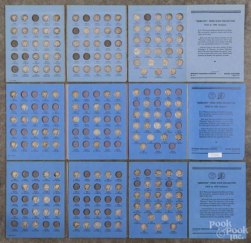Three partial sets of Mercury dimes, 1916-1945, in three collection books, 158 total pieces.