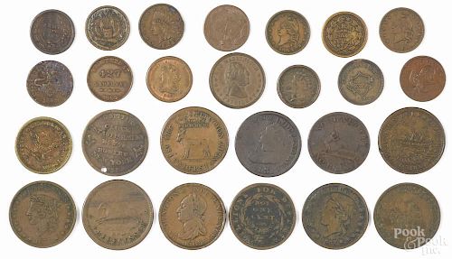 Twenty-six Civil War tokens, Store Card tokens, and Hard Times tokens, loose.