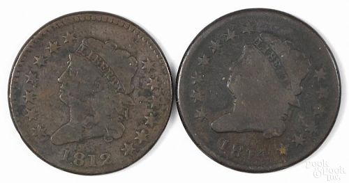 Large cent, 1812, VG, together with a large cent, 1814, VG.