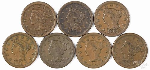 Seven large cents, 1850-1856, VG-VF.