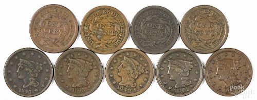 Nine large cents, to include two 1843, VG-F, two 1845, VG-F, an 1846, F, an 1847, F, and three 1848